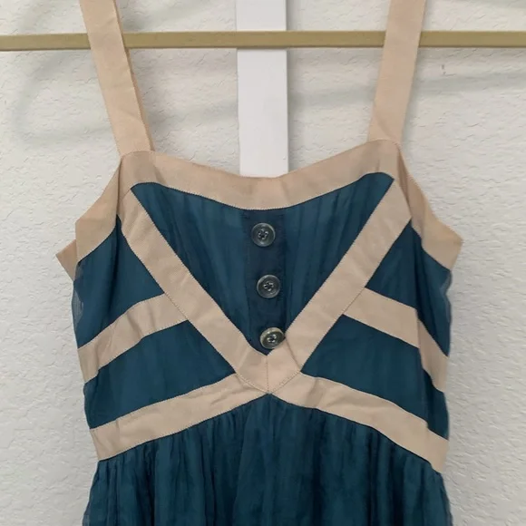 Burlapp Anthropologie Turquoise Cream Trim Silk Mini Dress - Picture 2 of 11